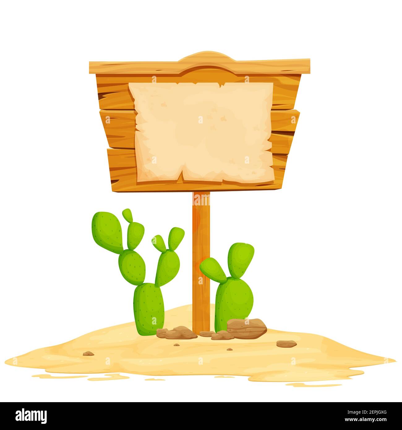 Wild west signboard with parchment, cactus and sand of desert isolated on white background stock