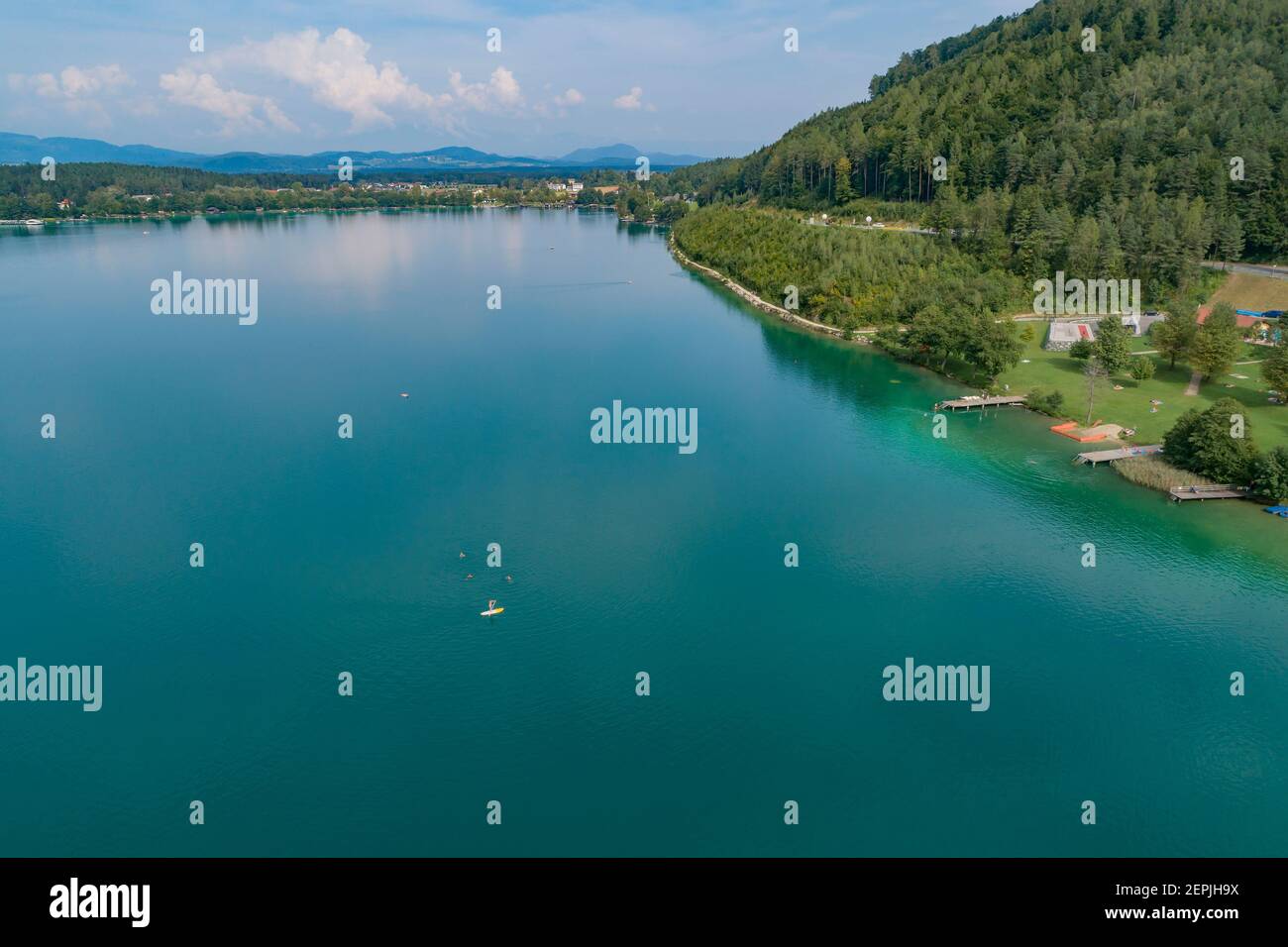 , Aerial view from Klopeiner See, St. Kanzian am Klopeiner See, Lake Klopein, Austria Stock Photo