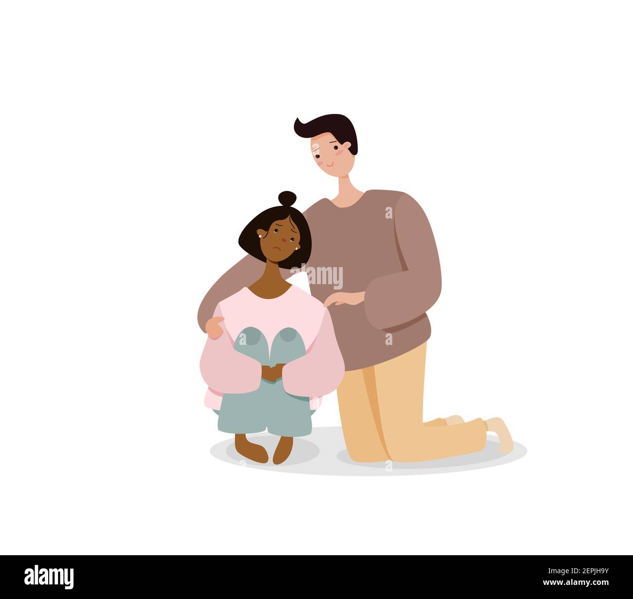 Woman calms her teenage daughter illustration. Female character gently hugs sad girl trying cheer her up. Stock Vector