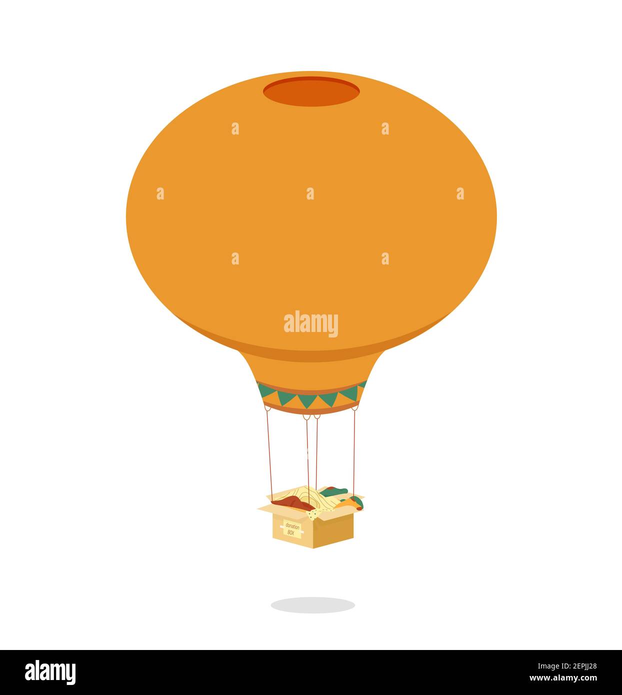 Balloon attached to box. Orange air travel vehicle carry open box creative travel in free vector flight. Stock Vector