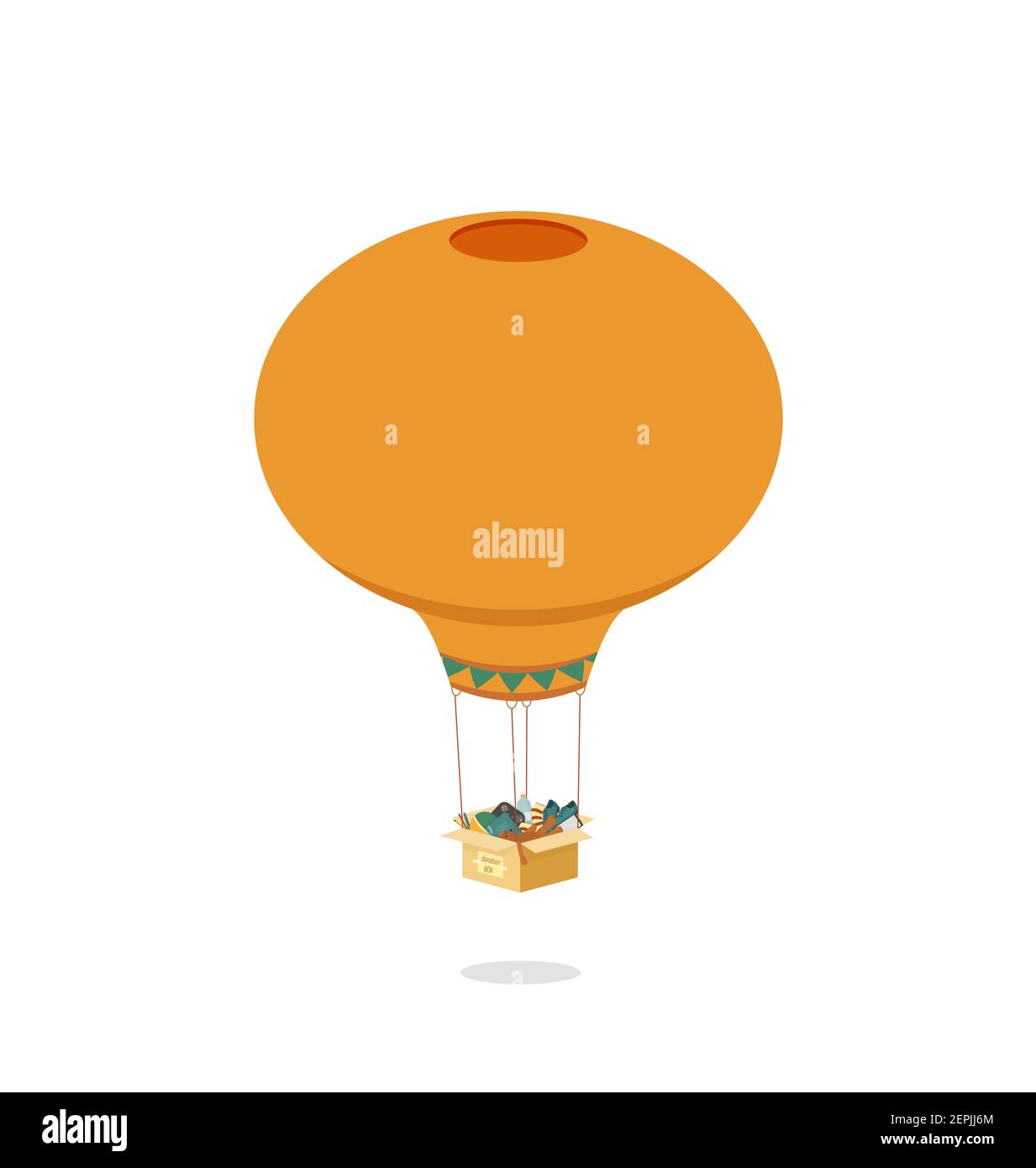 Air balloon attached to donation box. Orange travel charity vehicle carry open box creative travel in free vector flight. Stock Vector