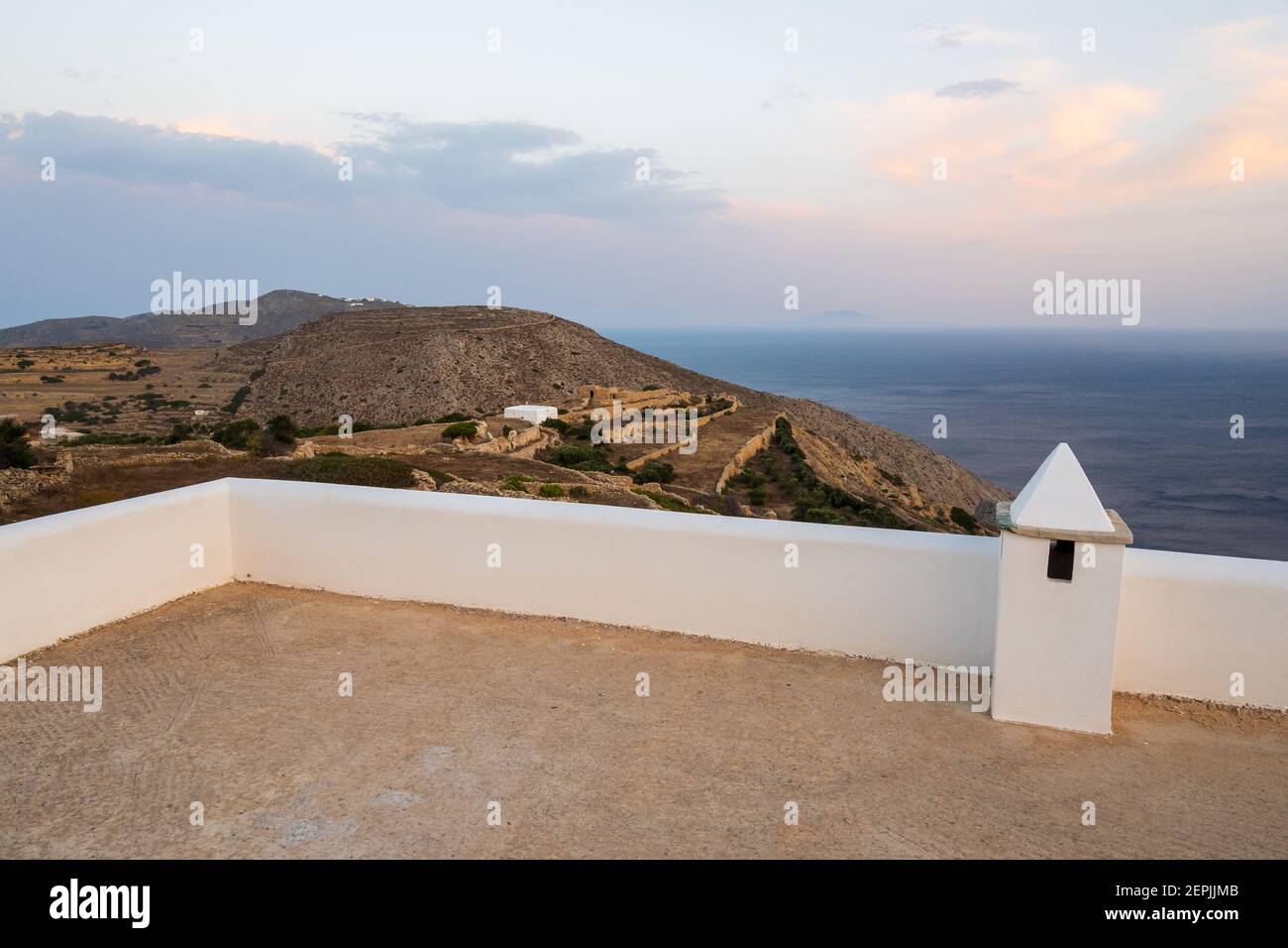 White terrace overlooking the Aegean Sea in Folegandros Island, Cyclades, Greece Stock Photo