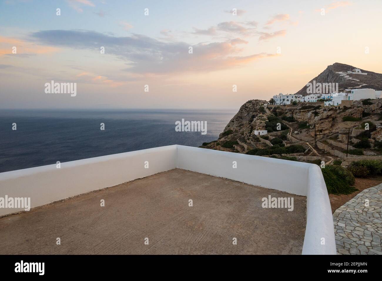 White terrace overlooking the Aegean Sea in Folegandros Island, Cyclades, Greece Stock Photo