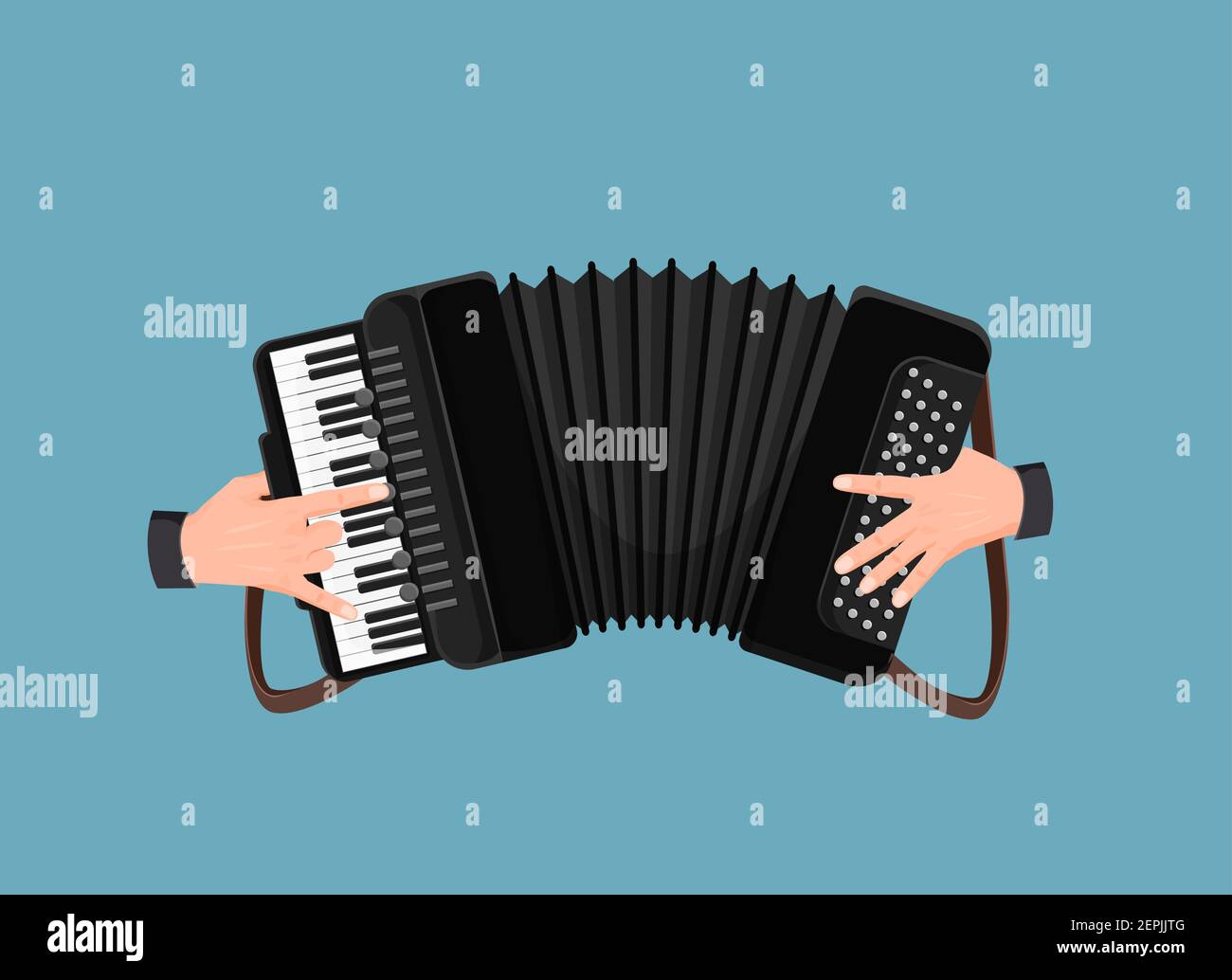 Hands play accordion. Traditional black keyboard instrument for retro