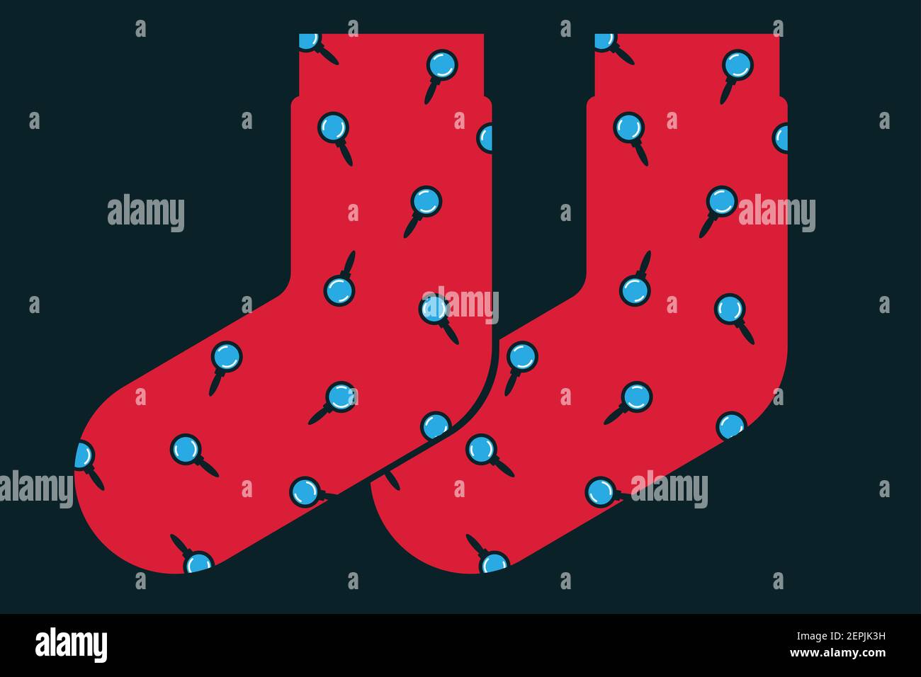 Pair of red socks with the pattern of magnifying glasses on black background. Amateur detective concept illustration. Stock Photo