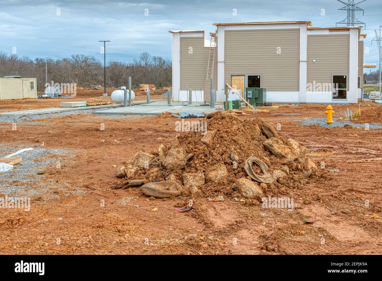 Horizontal shot of a pile of rubble at a new commercial construction ...