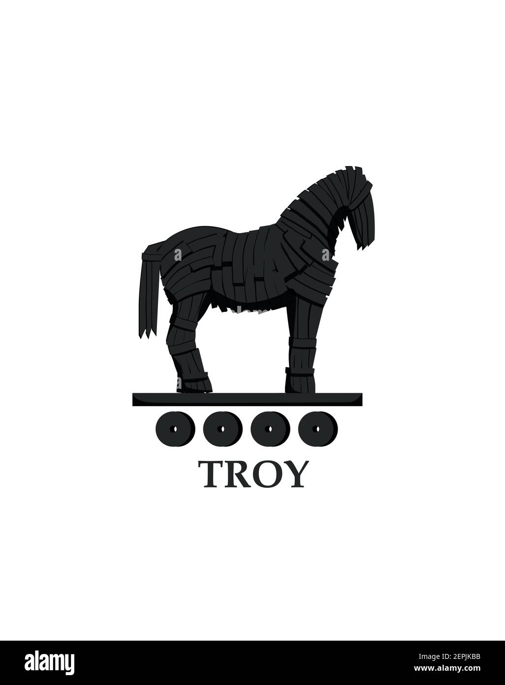 Trojan horse clipart. Dark wooden mythology animal on massive platform wheels symbol deception. Stock Vector