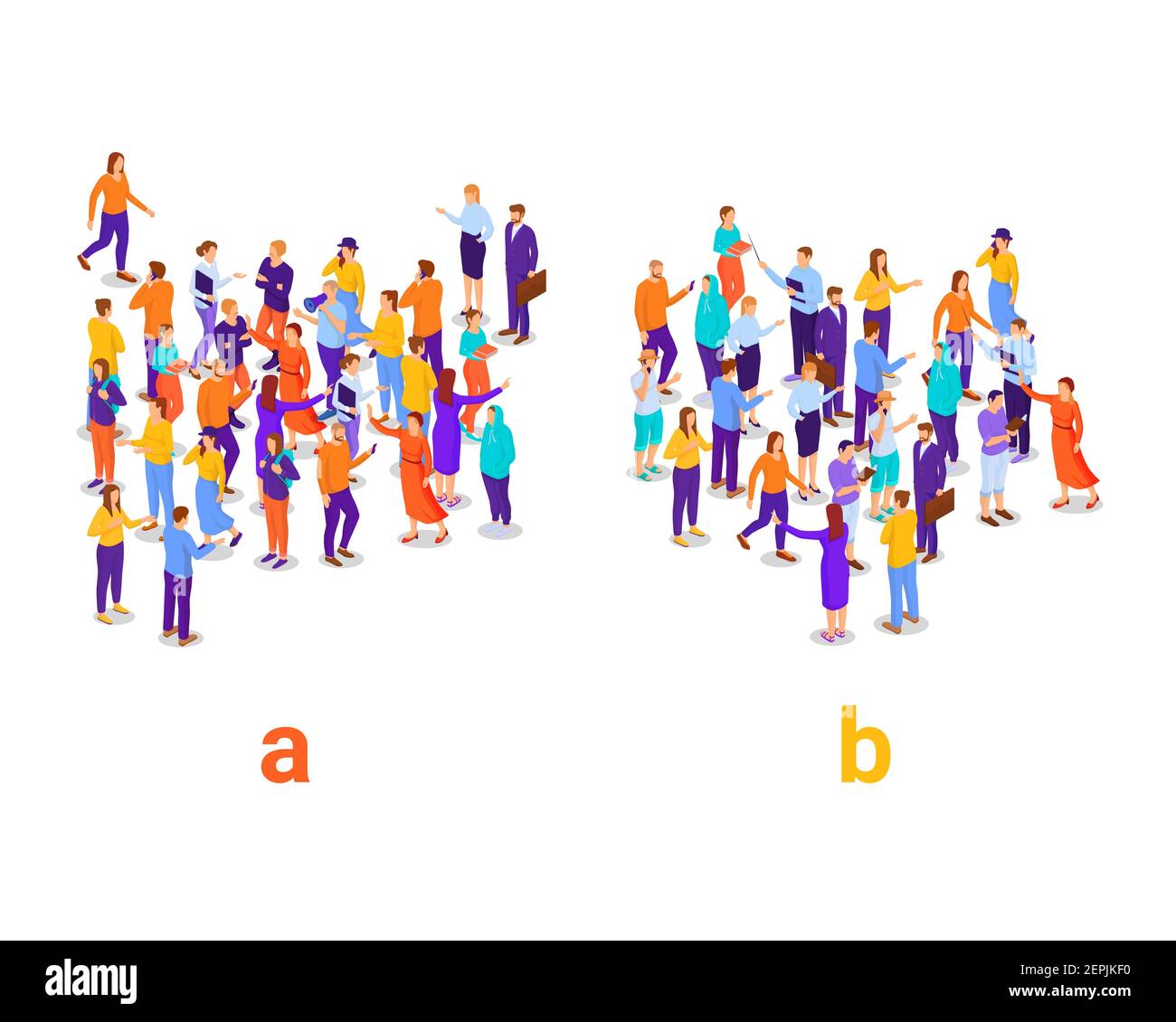 Dividing people into two groups isometric concept. Social experiment with division into a and b research populations. Stock Vector