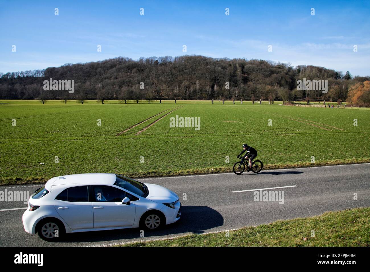 Fahrradfahrer auf einer zweispurigen Landstrasse vor einem Feld. Im Hintergrund befindet sich ein bewaldeter Huegel. Es ist Winter. Auf der Gegenspur Stock Photo