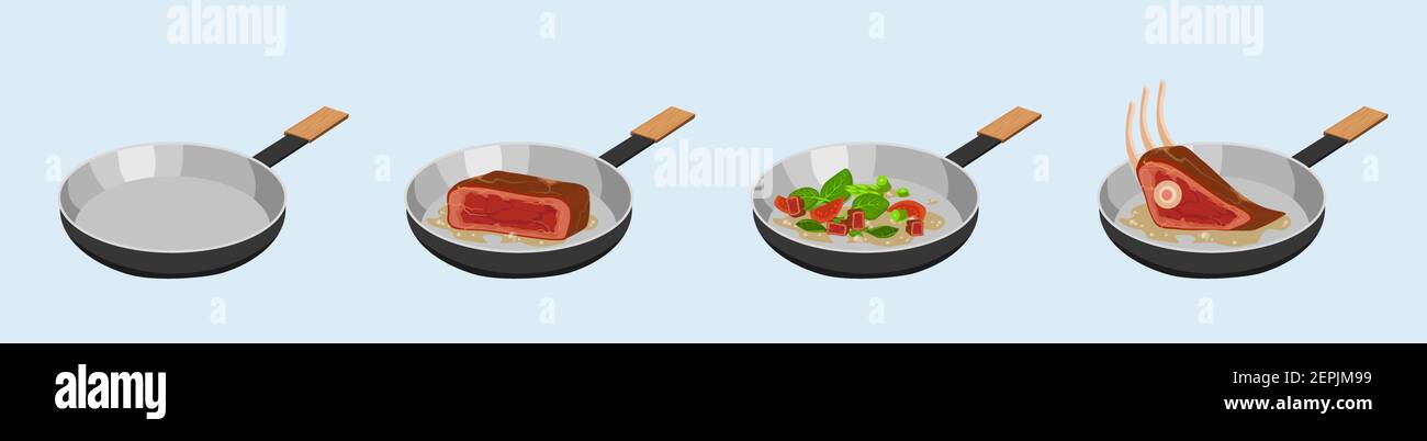 Process of frying meat and vegetables in skillet. Stir fried brown beefsteak and fried green vegetable mixture. Stock Vector