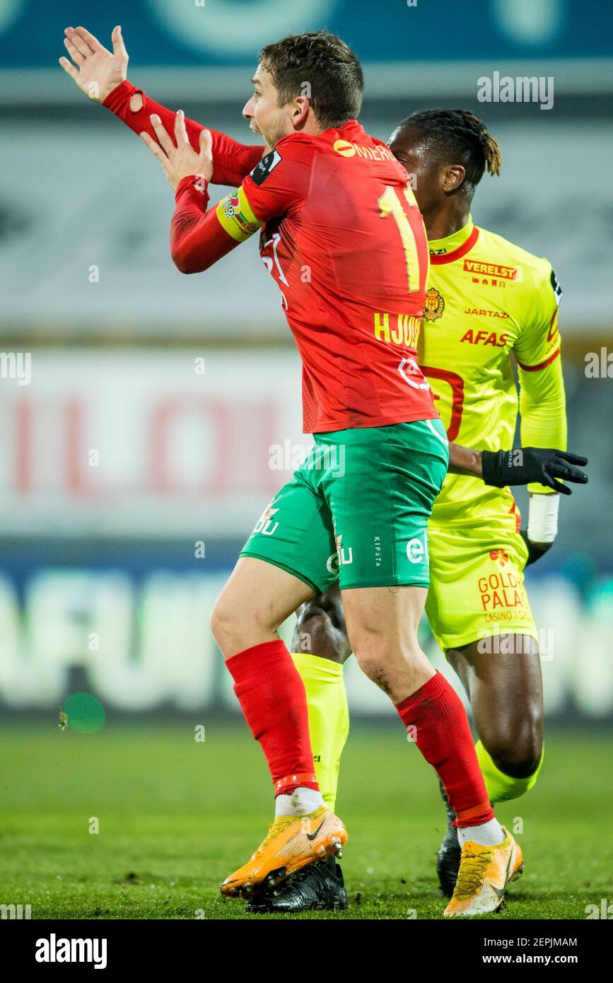Oostende's Andrew Hjulsager reacts during a soccer match between KV Oostende and KV Mechelen, Saturday 27 February 2021 in Oostende, on day 28 of the Stock Photo