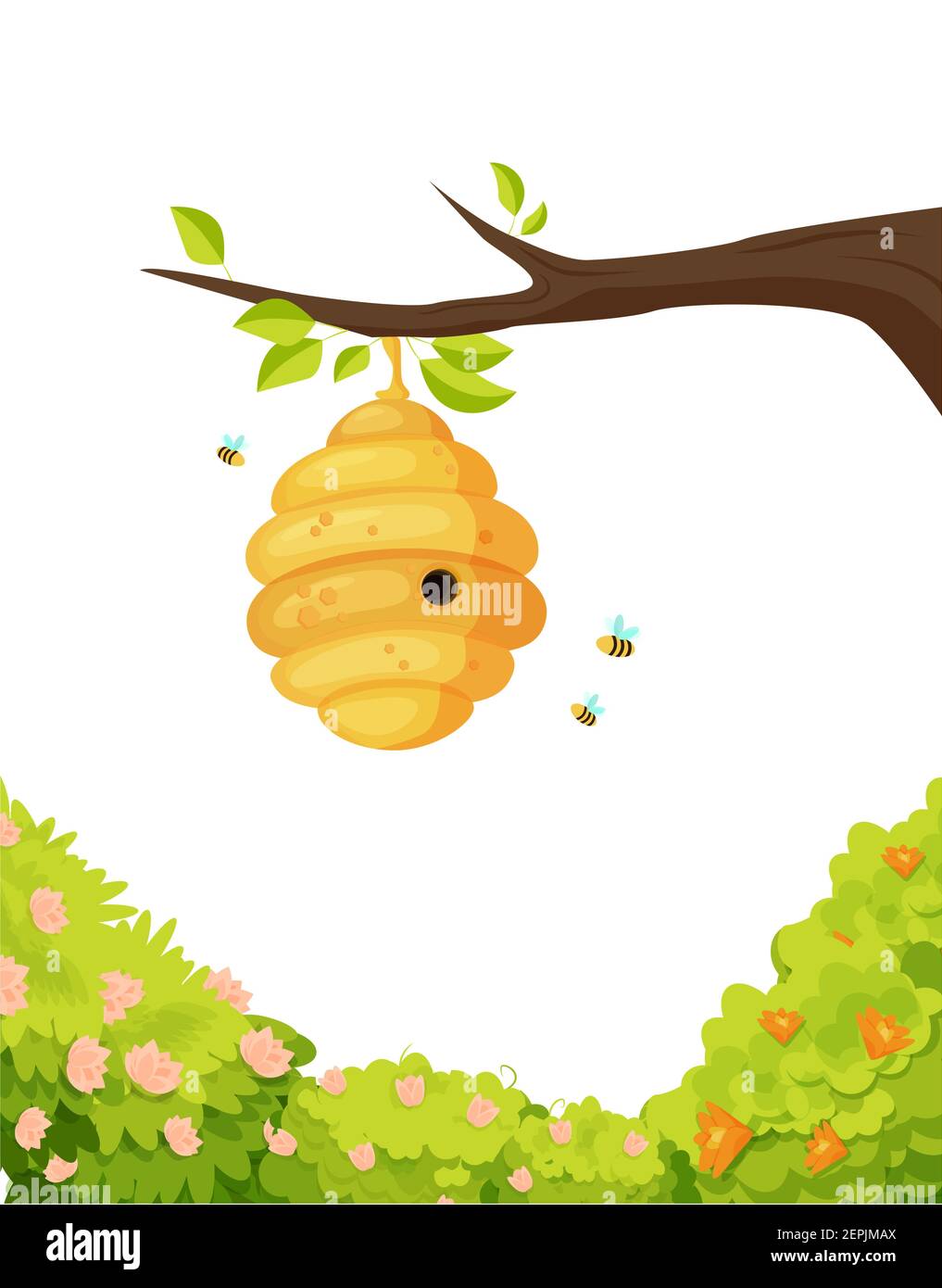 Beehive on branch with swirling bees illustration. Yellow cocoon covered with sweet honey surrounded by flowering trees. Stock Vector