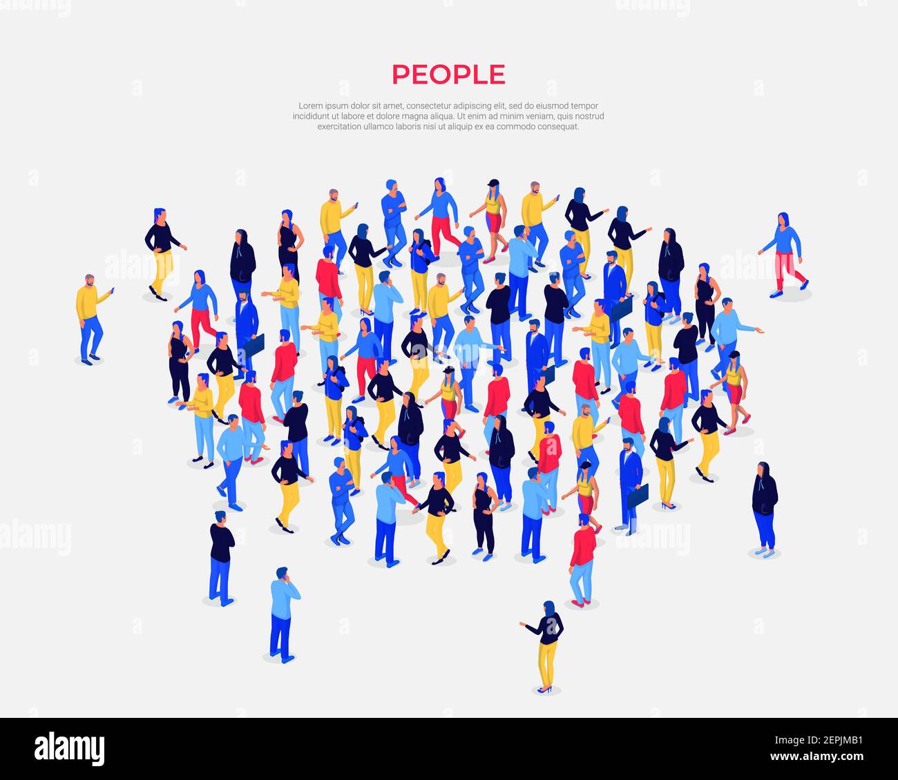 Crowd people gathers in circle isometric illustration. Male and female characters come to festival. Stock Vector