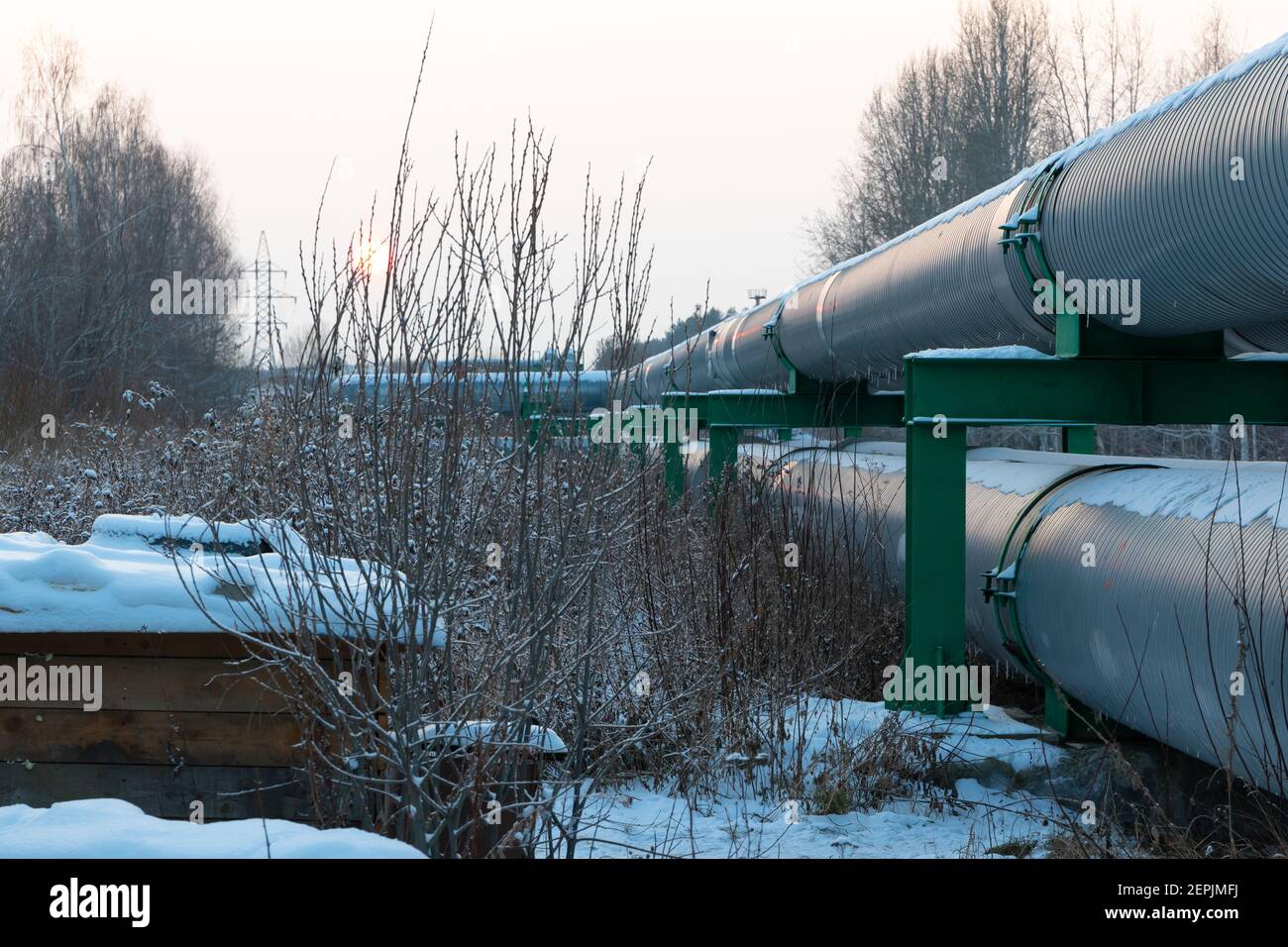 central heating pipes in a protective metal thermal insulation jacket