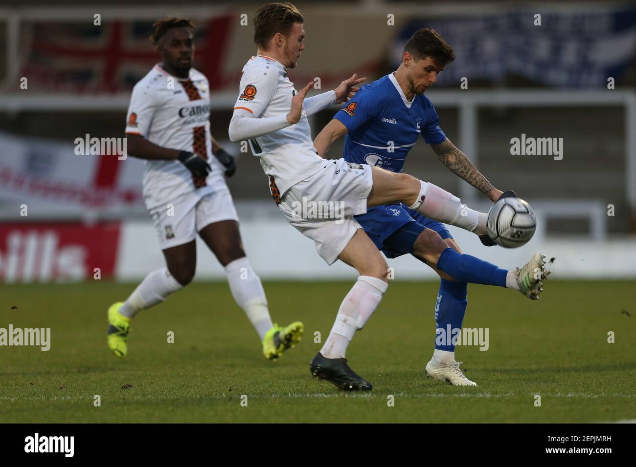 Hartepool, County Durham, UK. 27th Oct 2020. Hartlepool United's Gavan  Holohan in action with Altrincham's Tom Hannigan during the Vanarama  National League match between Hartlepool United and Altrincham at Victoria  Park, Hartlepool