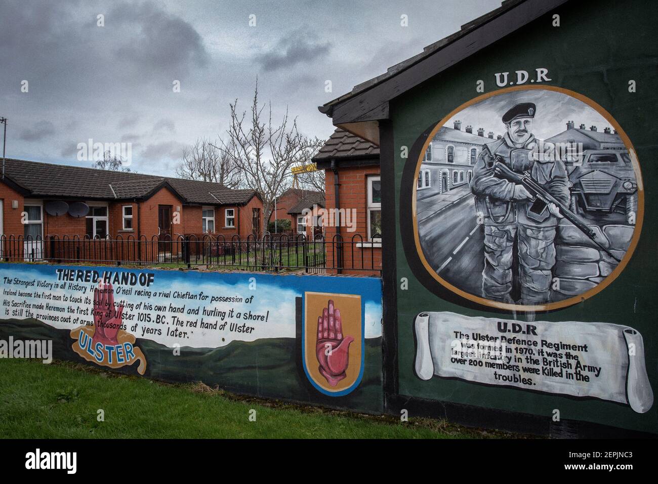 BELFAST, NORTHERN IRELAND - February, 24: Loyalist Murals at "Freedom Corner", Newtownards Road, Belfast. Mainly working-class Protestant districts w Stock Photo