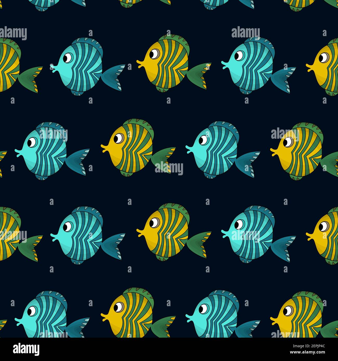 Seamless pattern with cute fish on dark background. Vector cartoon ...