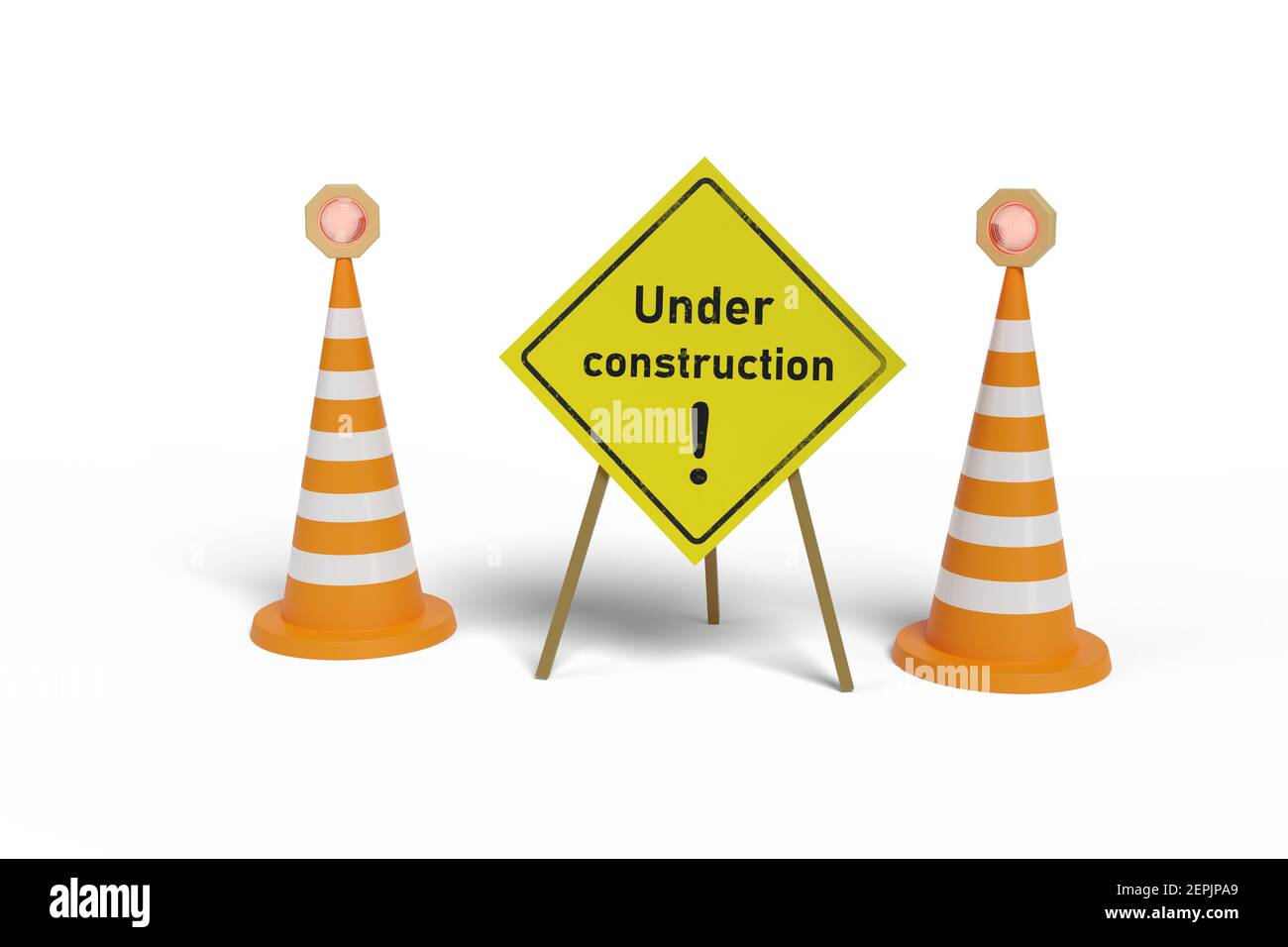 Sign with the text 'Under construction' next to two safety cones isolated on white background. 3d illustration. Stock Photo