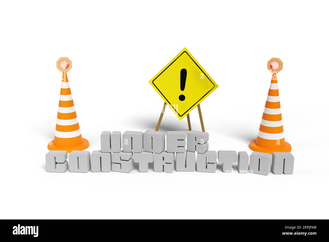 Poster with an exclamation mark next to two safety cones and the text 'under construction' in three dimensions isolated on white background. 3d illust Stock Photo