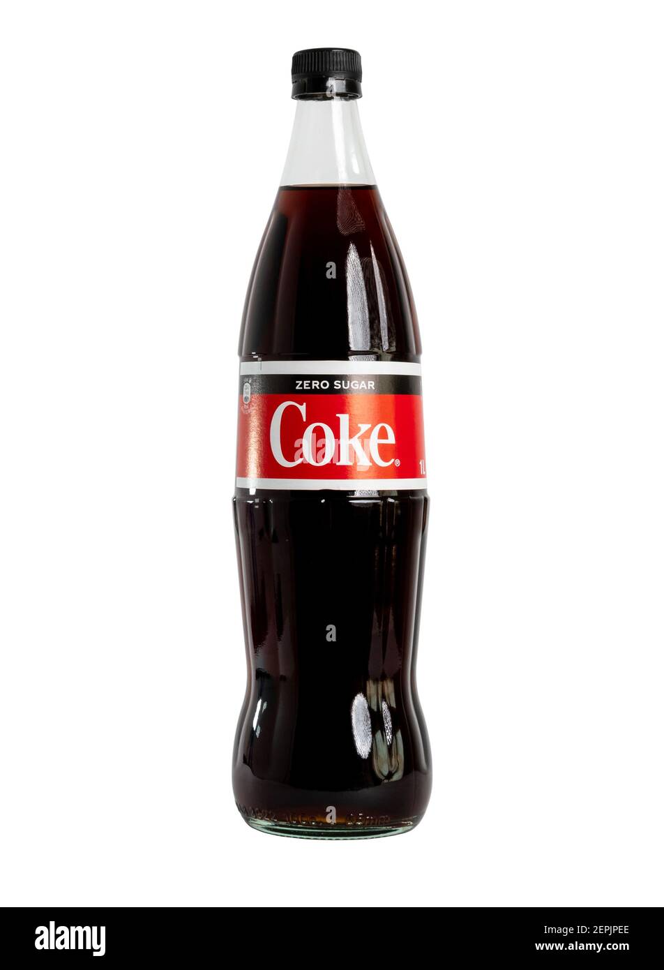 Coca-Cola Coke Zero sugar glass bottle 1 liter isolated on white background separated Stock Photo