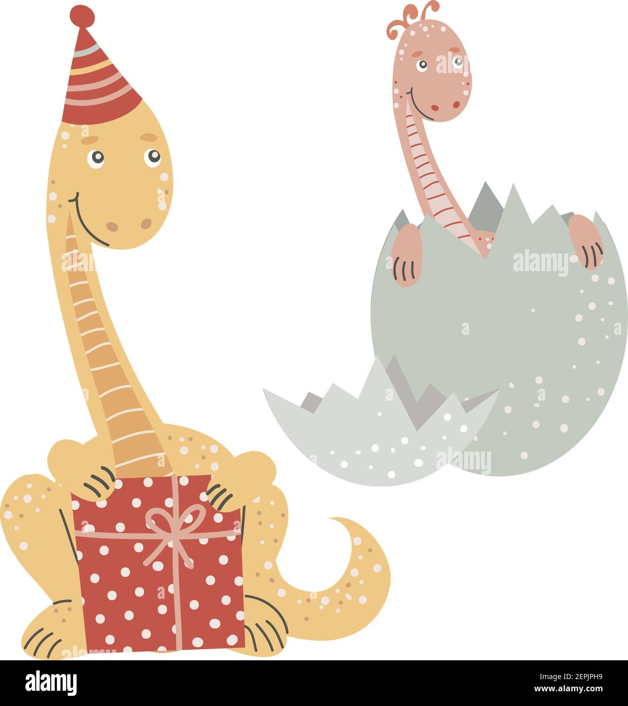 Cute dinosaurs with gift and egg, holiday vector Stock Vector