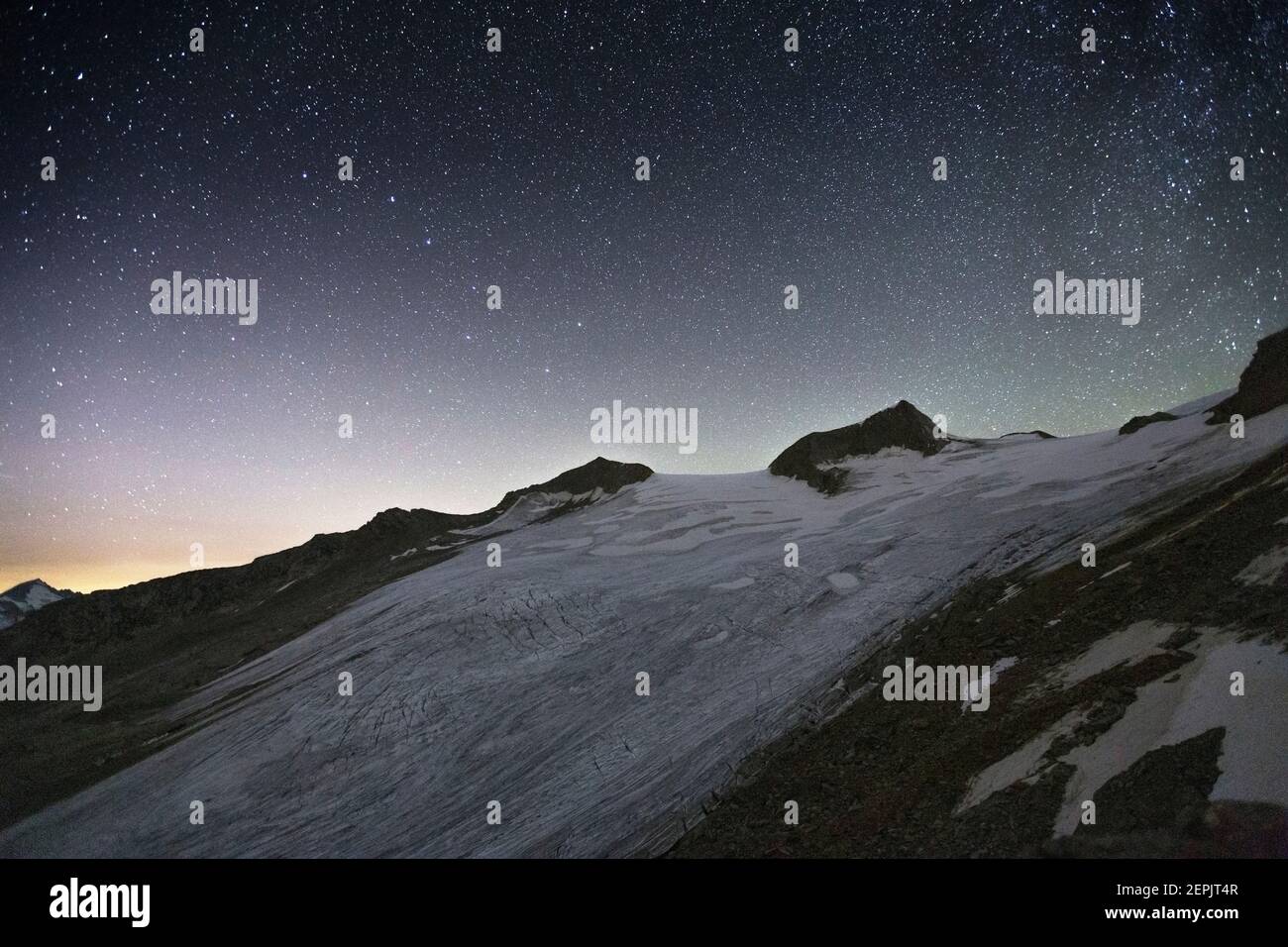 Rainer Kees glacier. Night landscape, starry sky. Venediger mountain group. Austrian Alps. Europe. Stock Photo