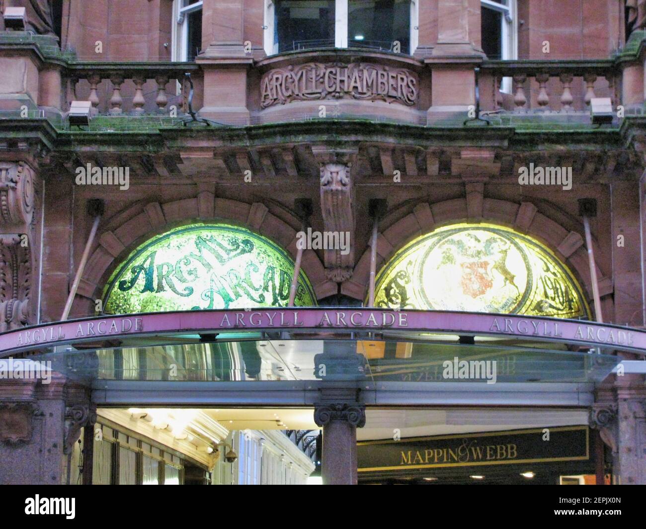 Sign at the entrance of the Argyle Arcade in Glasgow, Scotland. Stock Photo