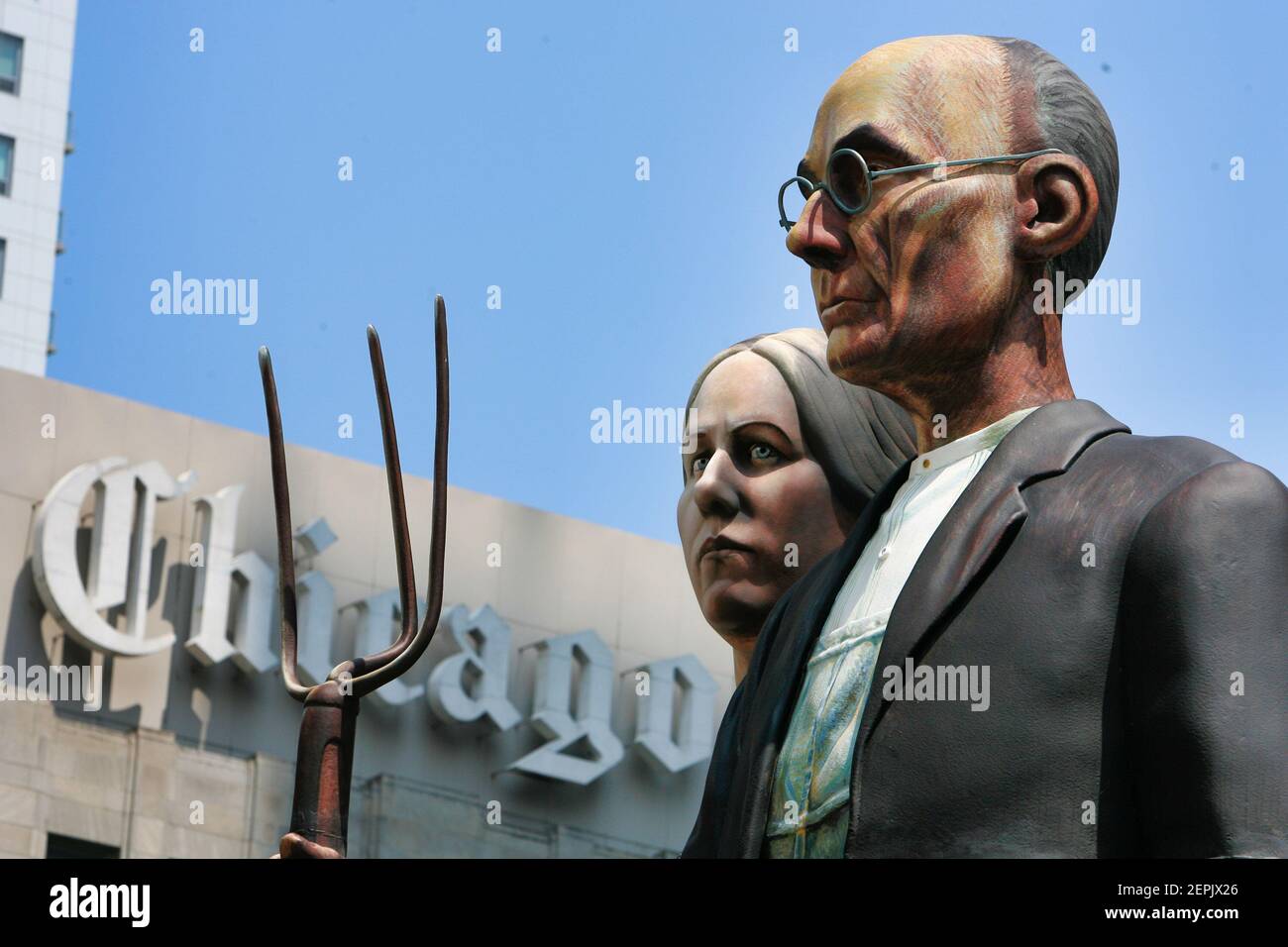 Giant outdoor sculptures outside the Chicago Tribune offices in
