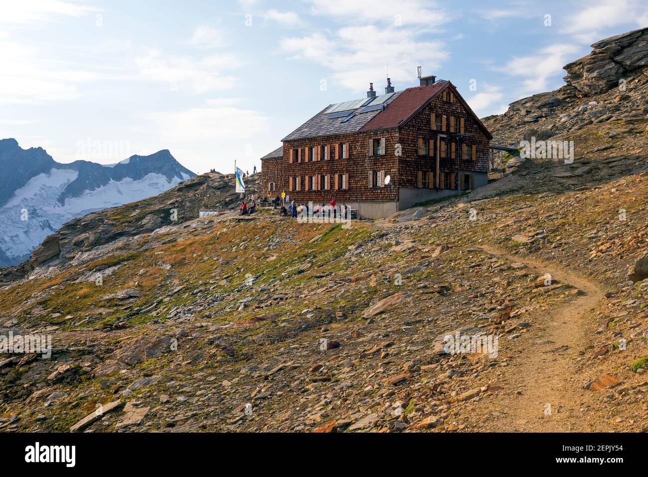 Defreggerhaus alpine refuge. Venediger mountain group. Austrian Alps. Europe. Stock Photo