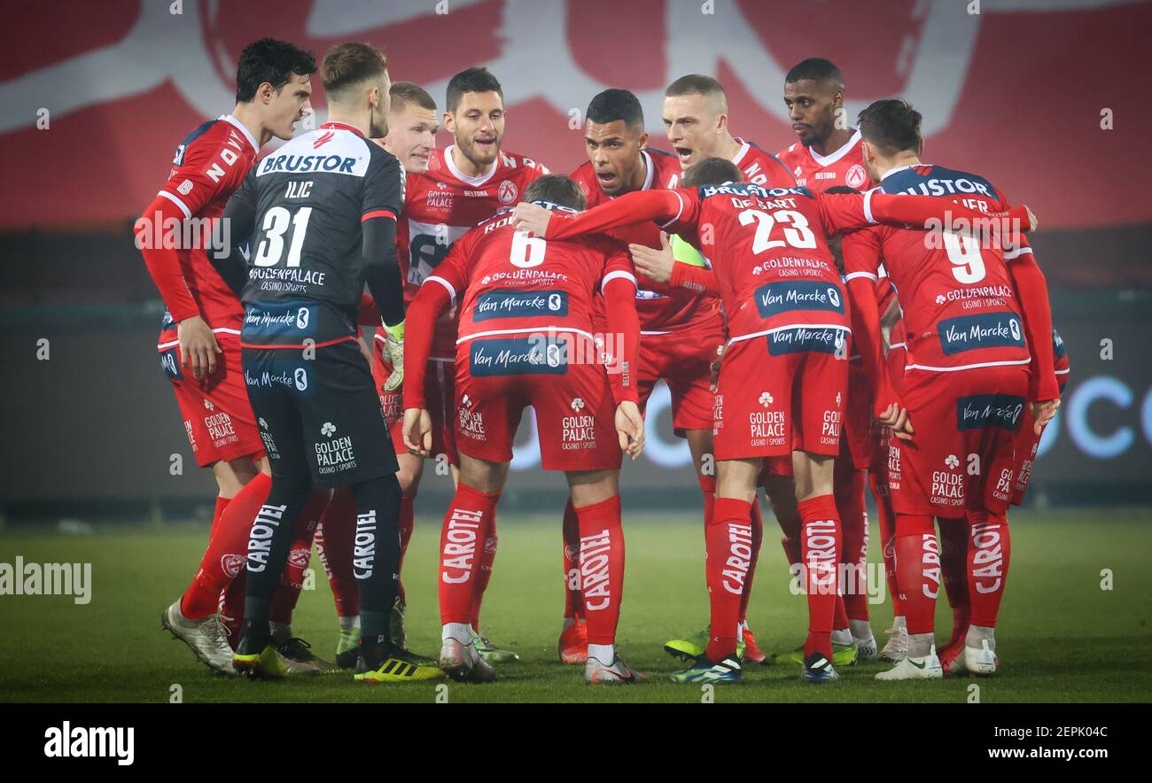 Kortrijk's players pictured at the start of a soccer match between KV Kortrijk and SV Zulte Waregem, Saturday 27 February 2021 in Kortrijk, on day 28 Stock Photo