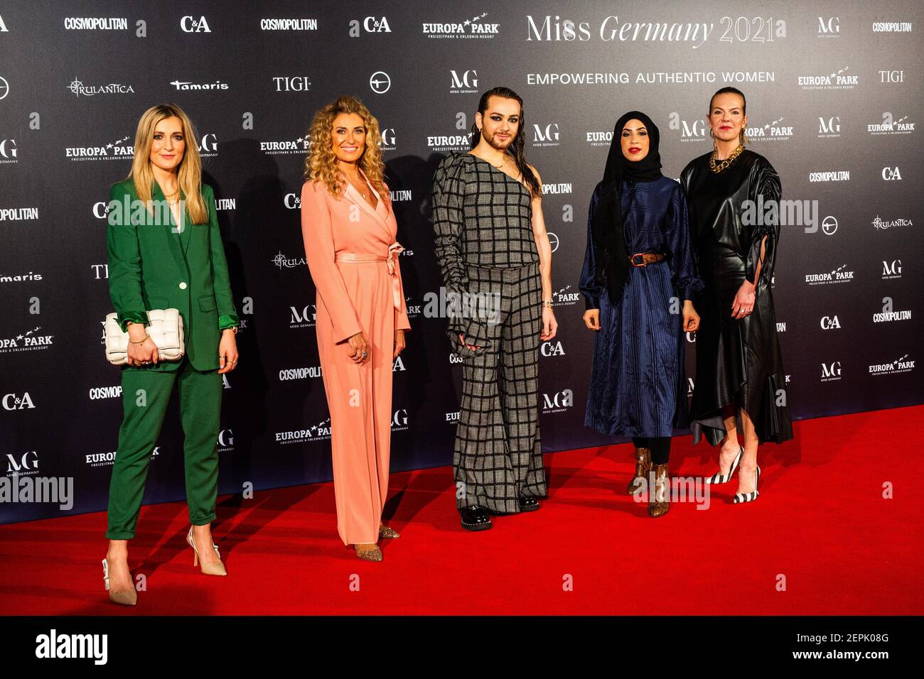 Rust, Germany. 27th Feb, 2021. The jury of the final of Miss Germany 2021, (from left) Karo Kauer, Dagmar Wöhrl, Riccardo Simonetti, Zeina Nassar and Lara Gonschorowksi stands on the red carpet in the run-up to the event. 16 candidates from all German states will face the predominantly female jury to elect Miss Germany 2021, with the motto #EmpoweringAuthenticWomen. According to the organizers, the competition is no longer primarily about beauty, but about the ability to motivate others and send an individual message. Credit: Philipp von Ditfurth/dpa/Alamy Live News Stock Photo