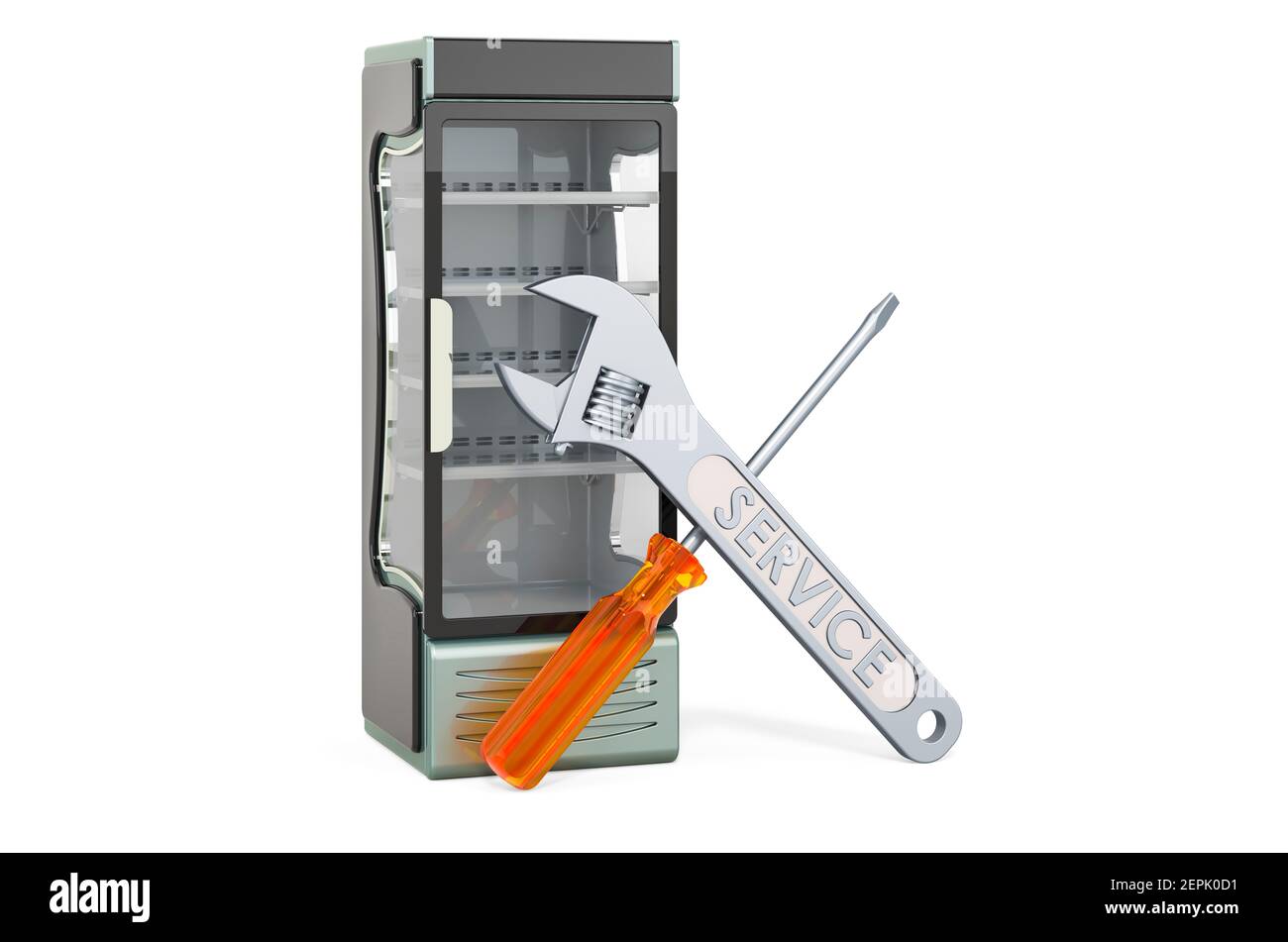 Service and repair of refrigerated display case, 3D rendering isolated