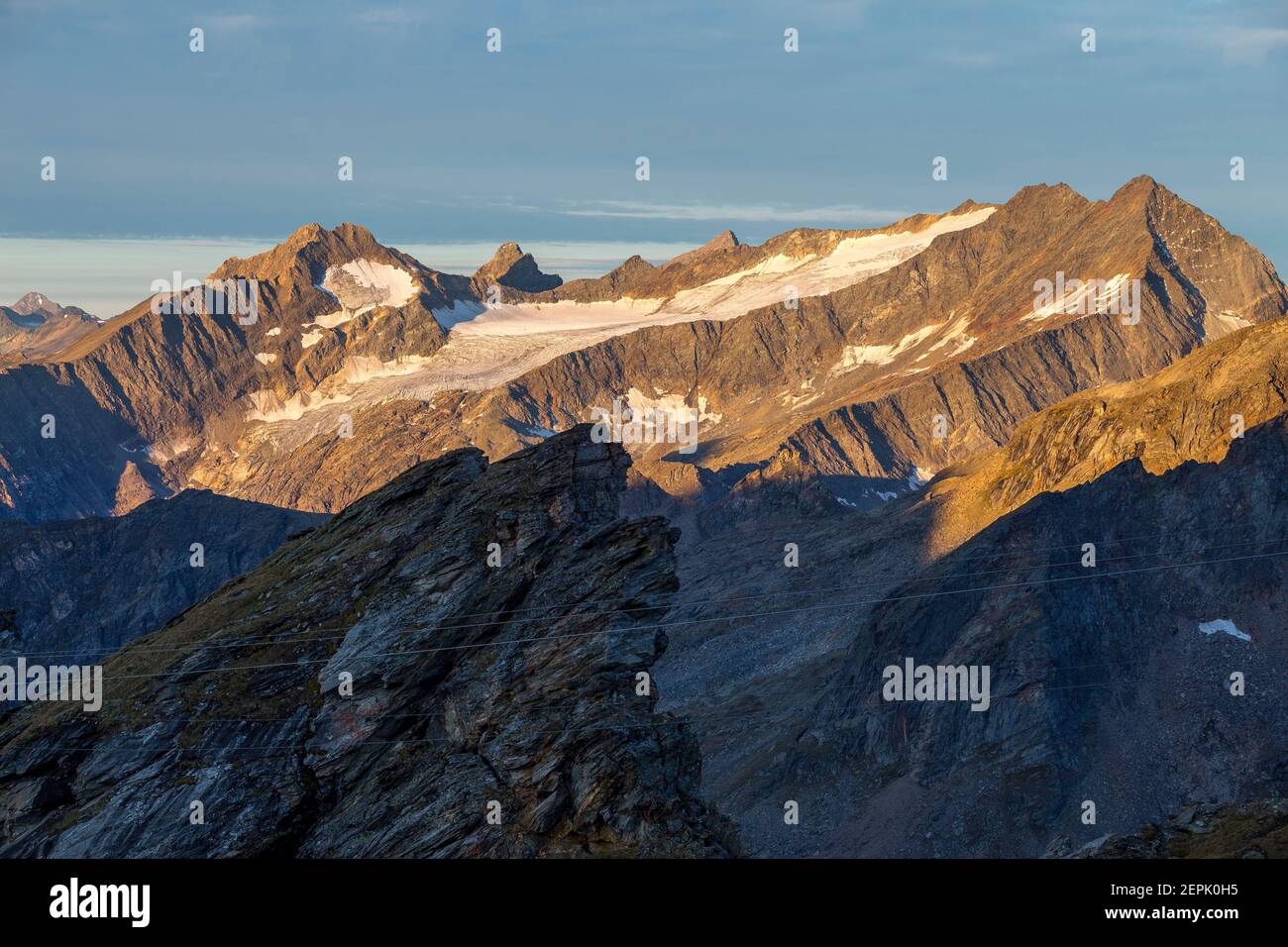 Sunlight at sunrise on Quirl and Malhamspitzen (Malham Spitzen) muntain peaks. Austrian Alps. Europe. Stock Photo
