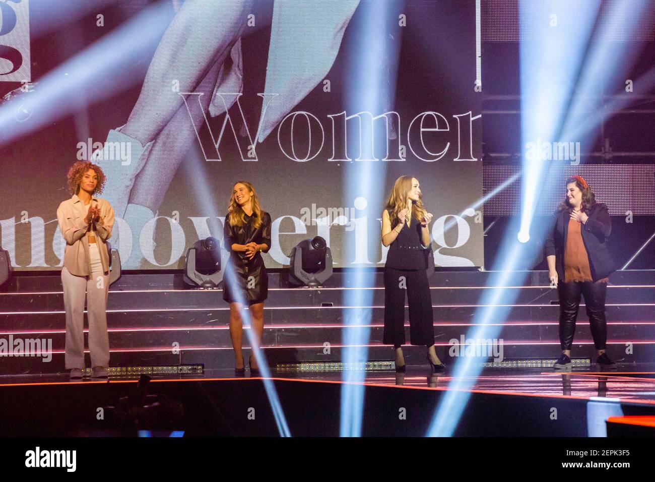 Rust, Germany. 27th Feb, 2021. Jemimah Booysen (l-r), Katharina Wohlrab, Anja Kallenbach and Julia Kremer, the last four finalists in the Miss Germany competition, stand on stage during the event. 16 candidates from all federal states will face the predominantly female jury for the election of Miss Germany 2021. The motto is #EmpoweringAuthenticWomen. According to the organizers, the competition is no longer primarily about beauty, but about the ability to motivate others and send an individual message. Credit: Philipp von Ditfurth/dpa/Alamy Live News Stock Photo