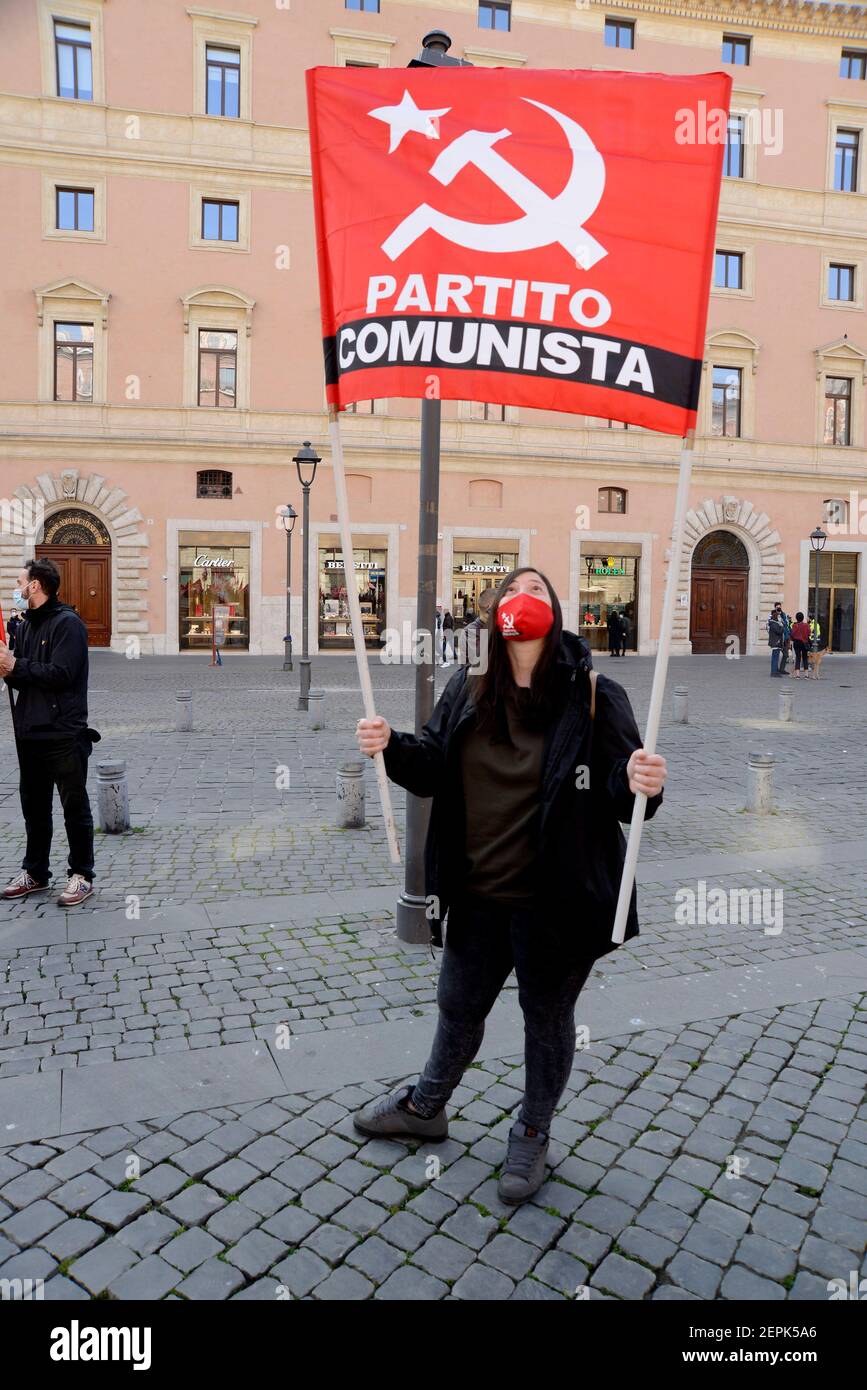 Roma, Italy. 27th Feb, 2021./Rome, demonstration by the Italian Communist Party, in Piazza San Silvestro, against the Draghi government (Switzerland/Germany/Austria/Croatia OUT) Credit: SPP Sport Press Photo. /Alamy Live News Stock Photo