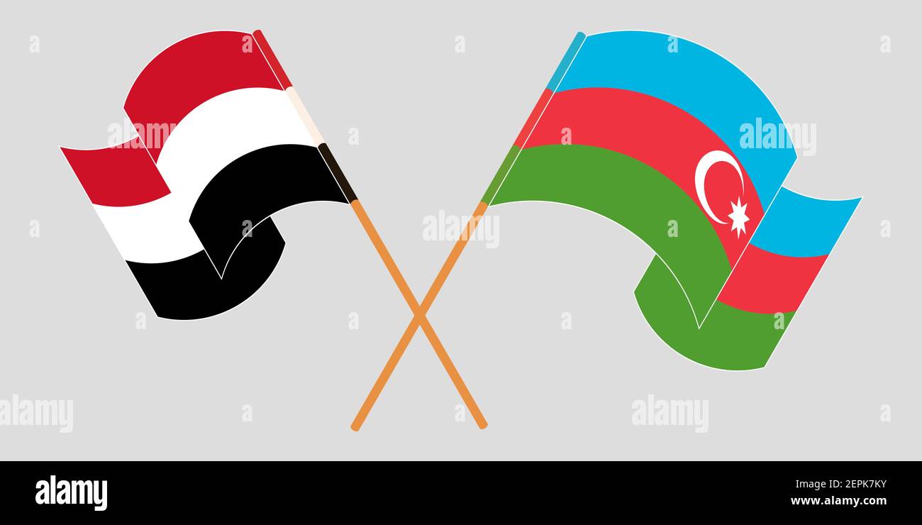 Crossed and waving flags of Azerbaijan and Yemen. Vector illustration Stock Vector