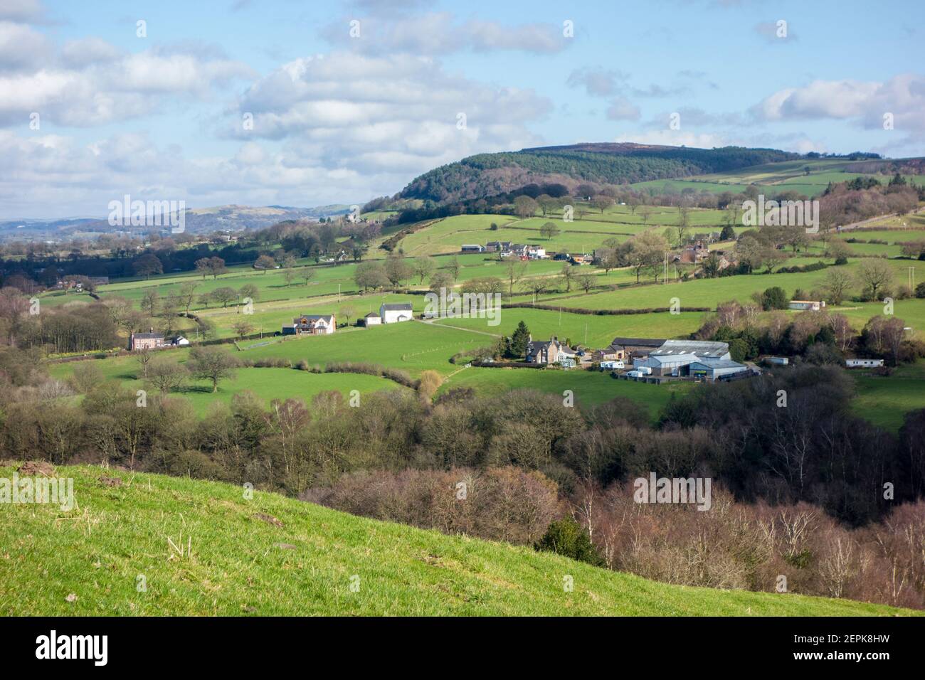 View from Congleton edge over the Cheshire plain towards Bosley cloud or cloud end Cheshire England Stock Photo