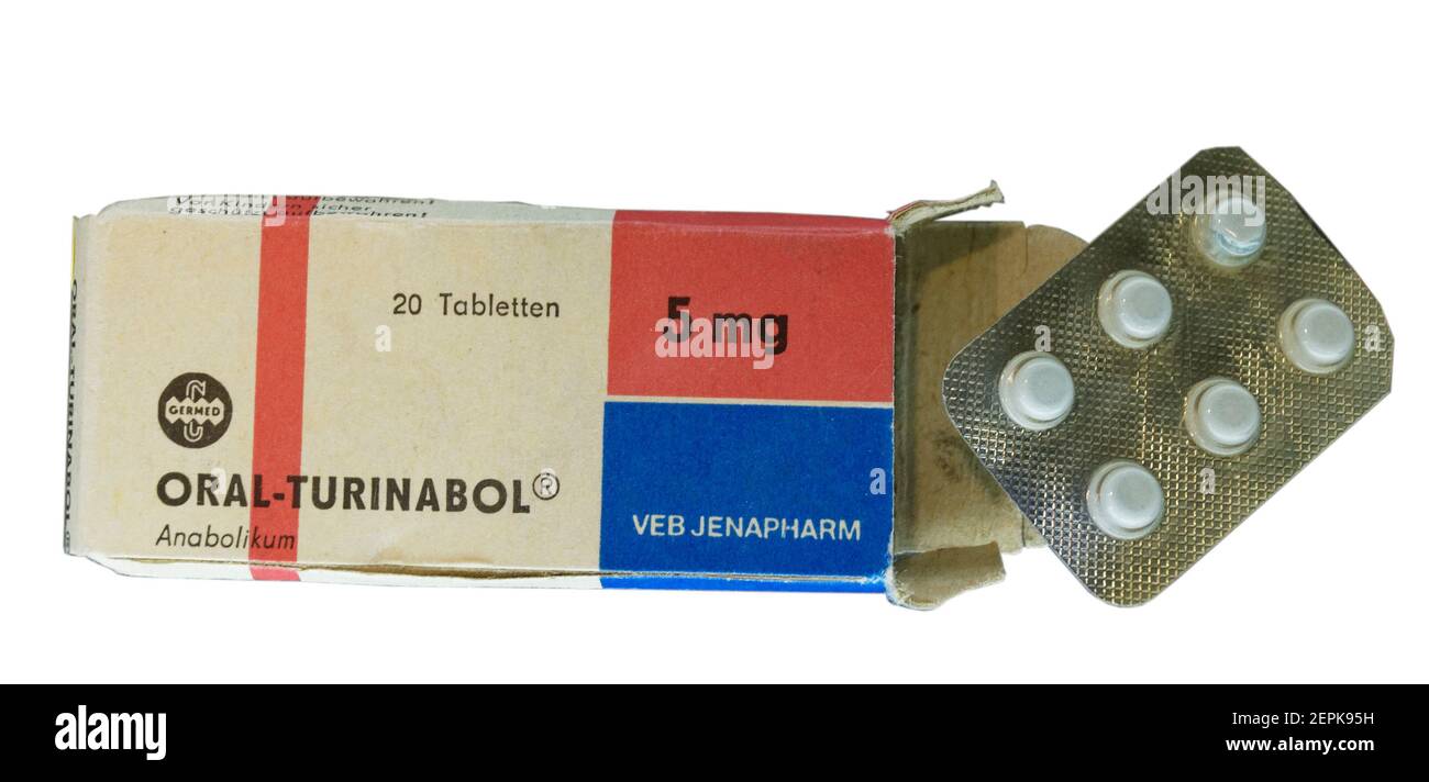 A packet of Oral-Turanibol - the anabolic steroid used by East German athletes in competitions in the 1970s and 1980s Stock Photo