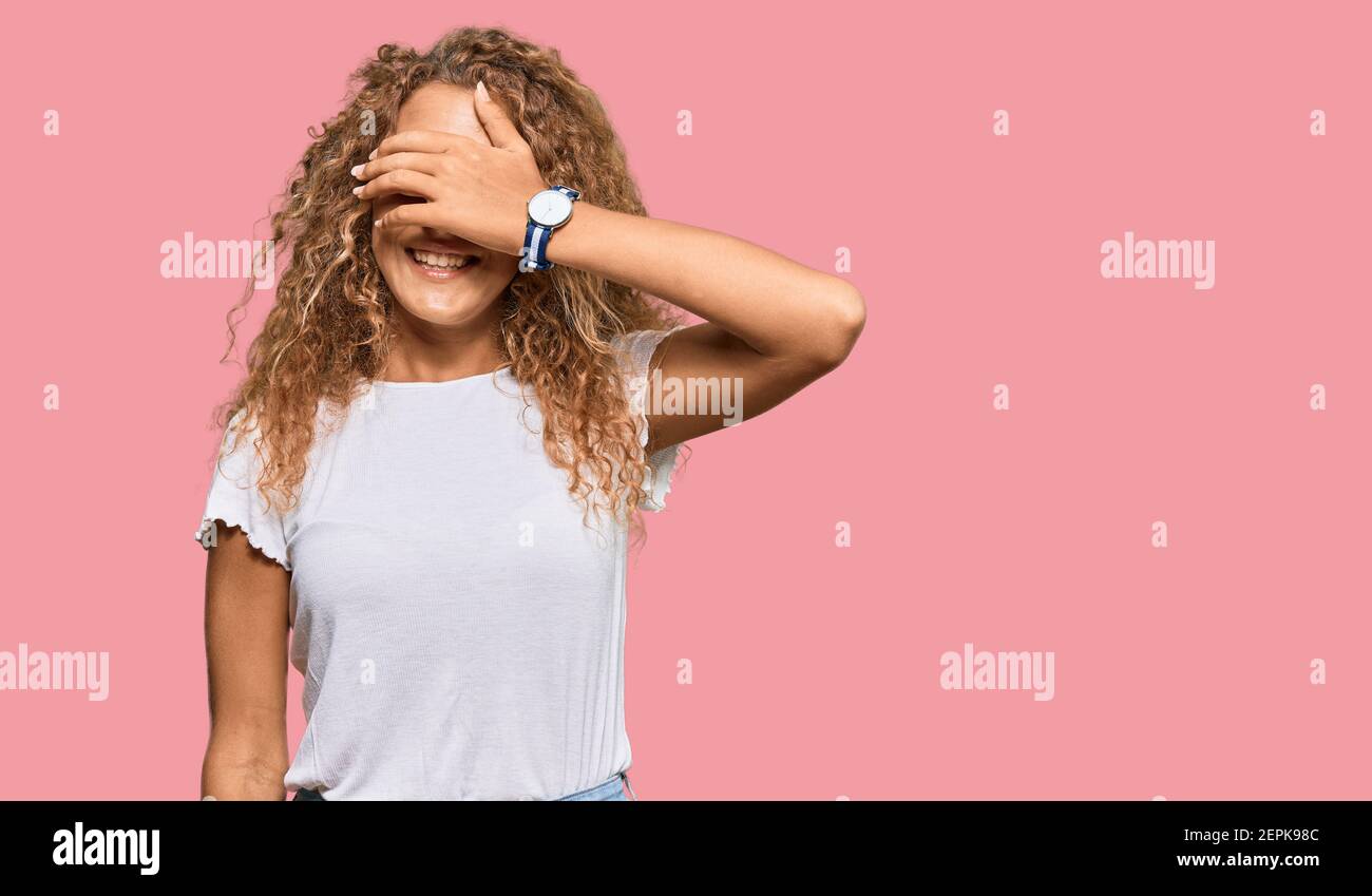 Beautiful Caucasian Teenager Girl Wearing Casual White Tshirt Smiling