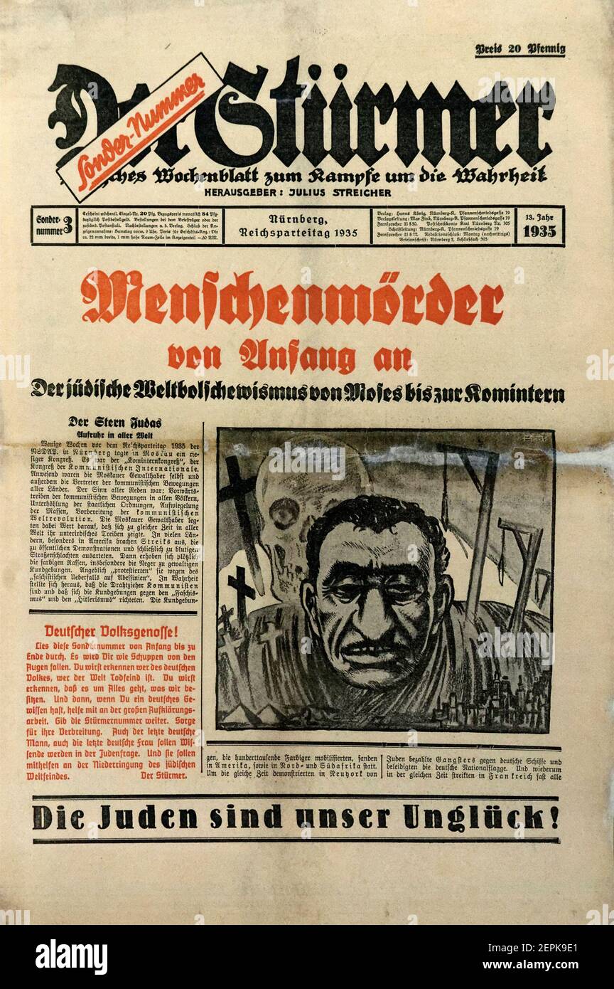 The front page of the anti-semitic nazi newspaper Der Sturmer with the headlines Human-killers from the Beginning and The Jews are Our Bad Luck Stock Photo