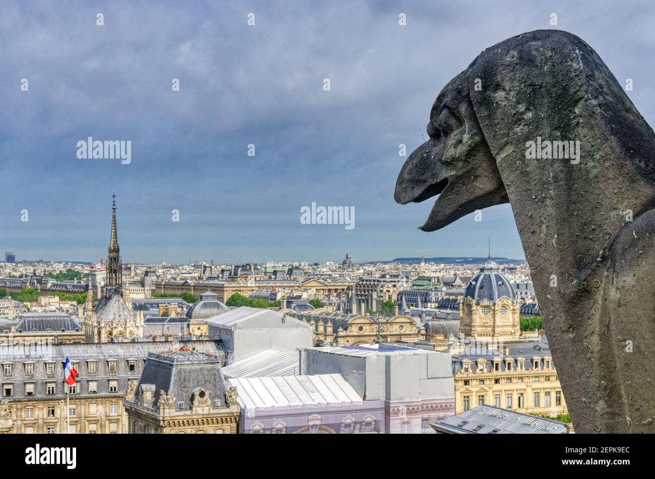 The view across Paris from the tower of Notre Dame de Paris with the gargoyles Stock Photo