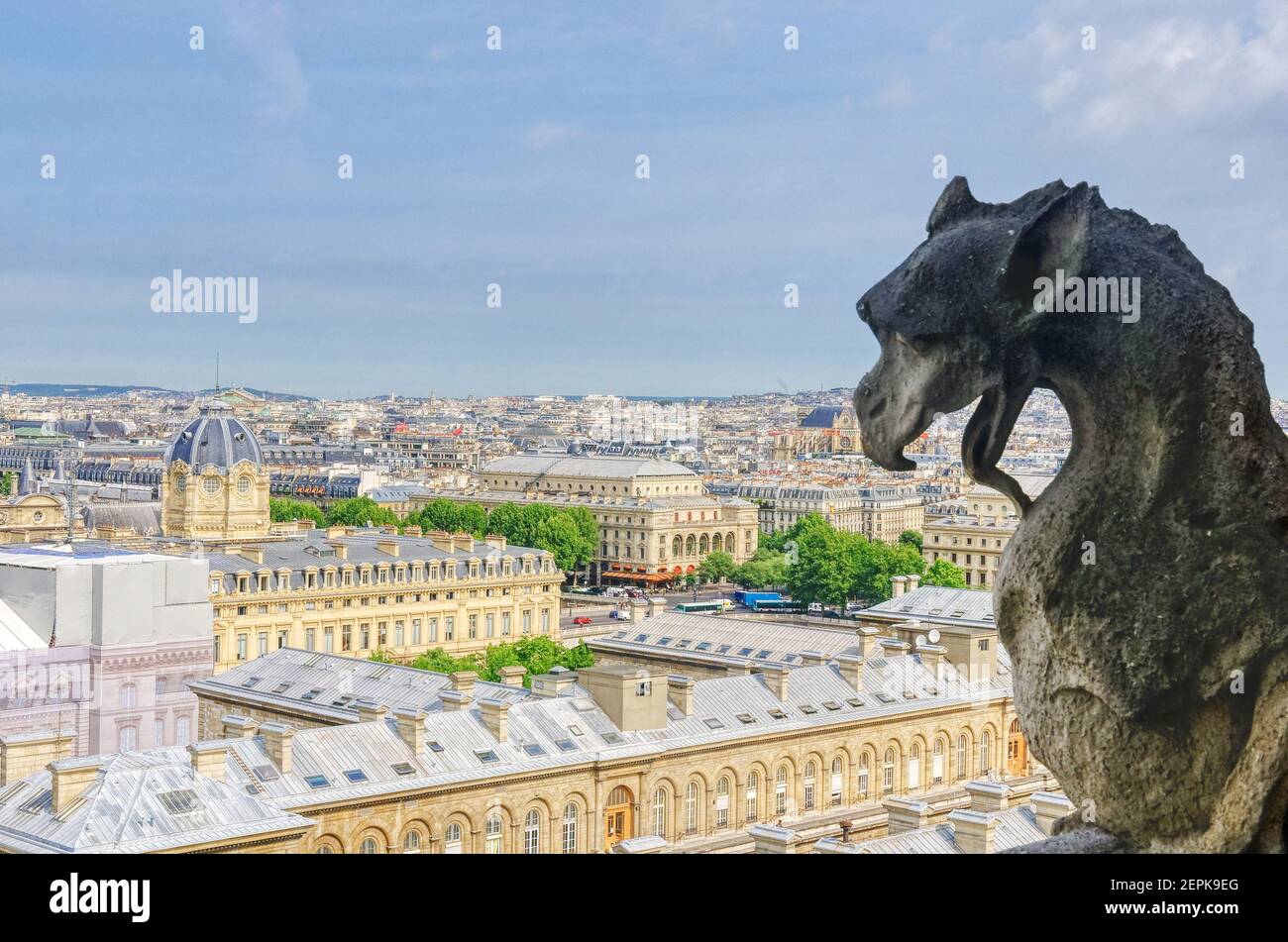 The view across Paris from the tower of Notre Dame de Paris with the gargoyles Stock Photo