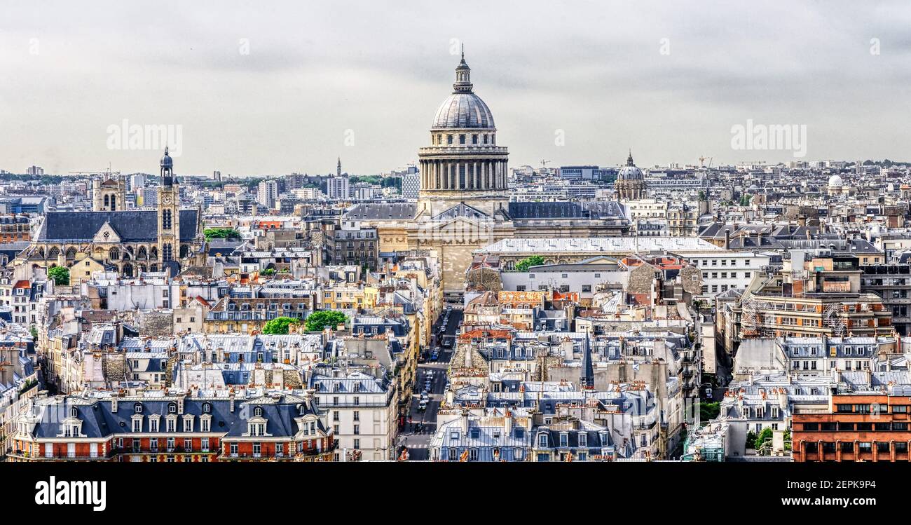 The Pantheon of Paris as seen from the tower of Notre Dame de Paris Stock Photo