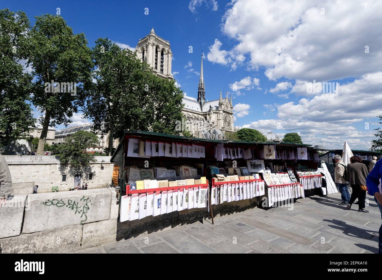 A bookseller (bouquiniste) kiosk in the streets of Paris near Notre Dame de Paris cathedral Stock Photo