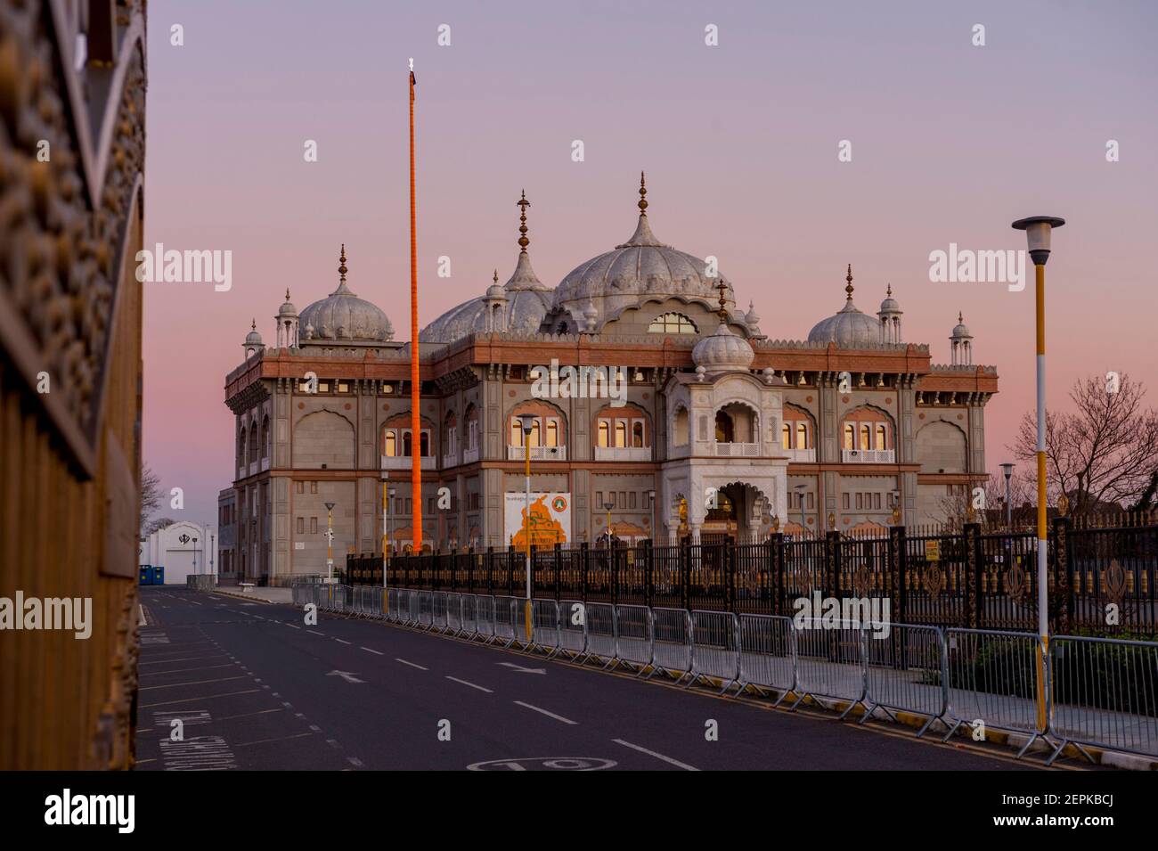 The Guru Nanak Darbar Gurdwara Sikh temple in gravesend at sunset. The marble building  is believed to be one of the largest in the UK; the Gurdwara c Stock Photo