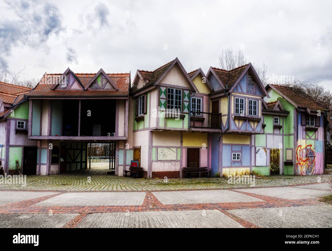 Boarded up buildings in the abandoned Spreepark amusement park in Berlin, Germany Stock Photo