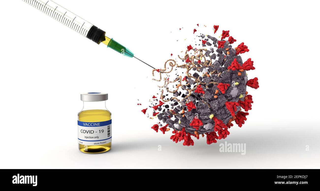 Realistic 3D Illustration of COVID-19 Vaccine. Corona Virus SARS CoV 2, 2019 nCoV virus destruction.  A vaccin against coronavirus disease 2019. Stock Photo