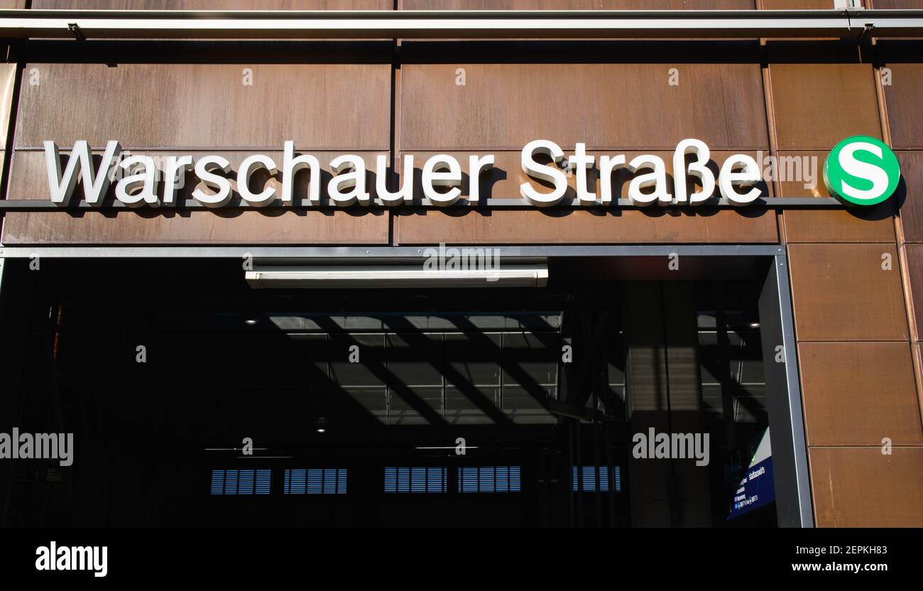 Berlin, Germany - Feb 21, 2021: Entrance of Warschauer Straße S-Bahn Train Station Stock Photo