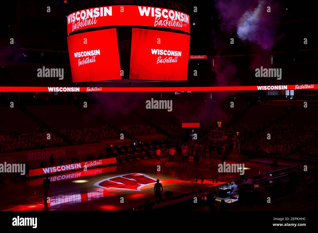 Madison, WI, USA. 27th Feb, 2021. Overhead shot of the Kohl Center court before during the NCAA basketball game between the Illinois Fighting Illini and the Wisconsin Badgers at the Kohl Center in Madison, WI. John Fisher/CSM/Alamy Live News Stock Photo