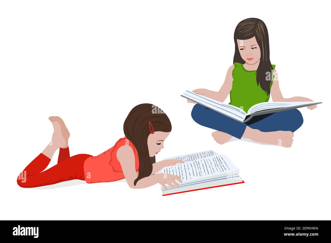 Little girl reads a book. Set of illustrations. Distance learning. Home education. School girl girl doing homework. Child with a book in her hands Stock Vector